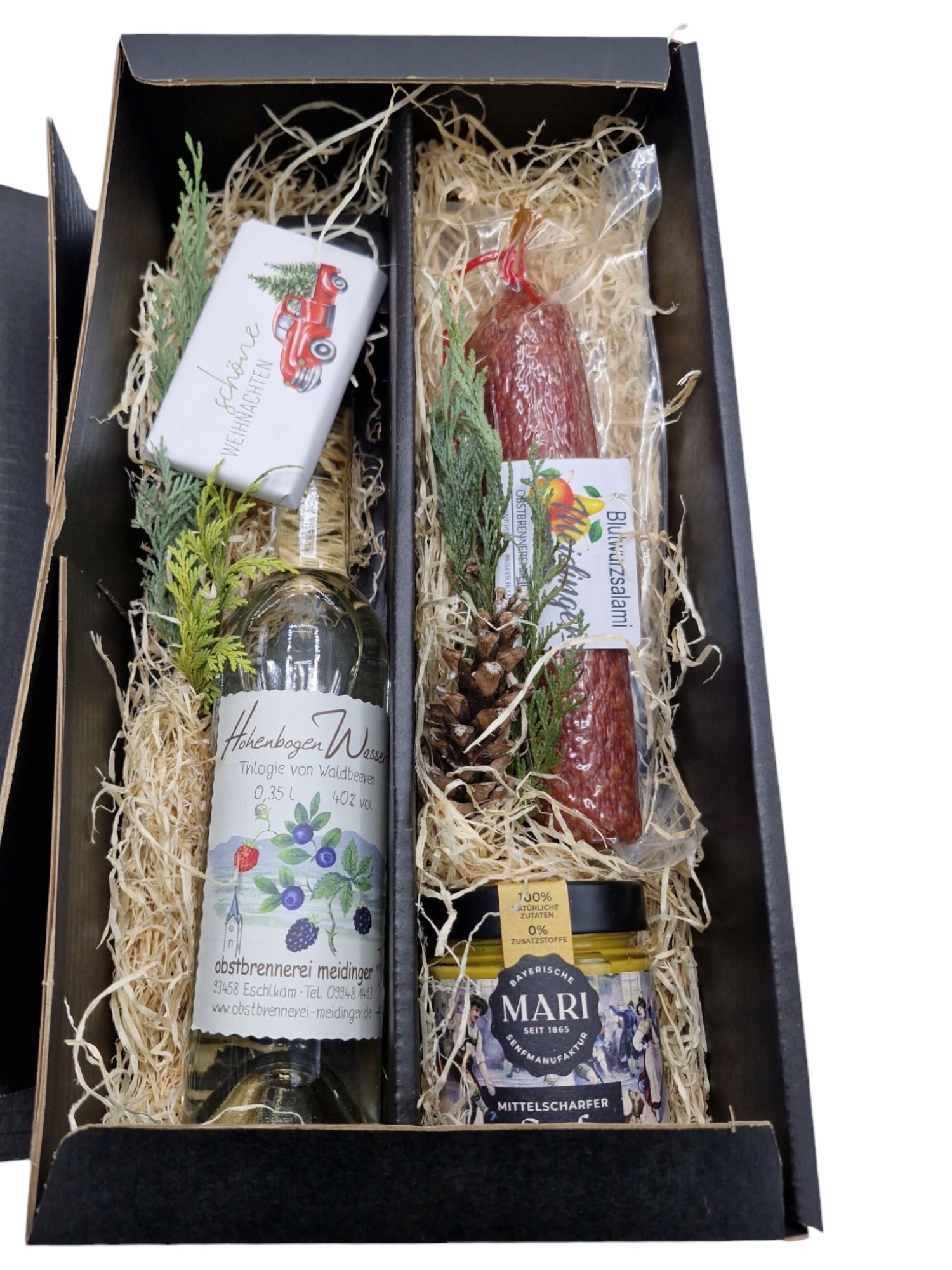 Waldbeerengeist mit Blutwurzsalami und Senf Box - weihnachtlich 